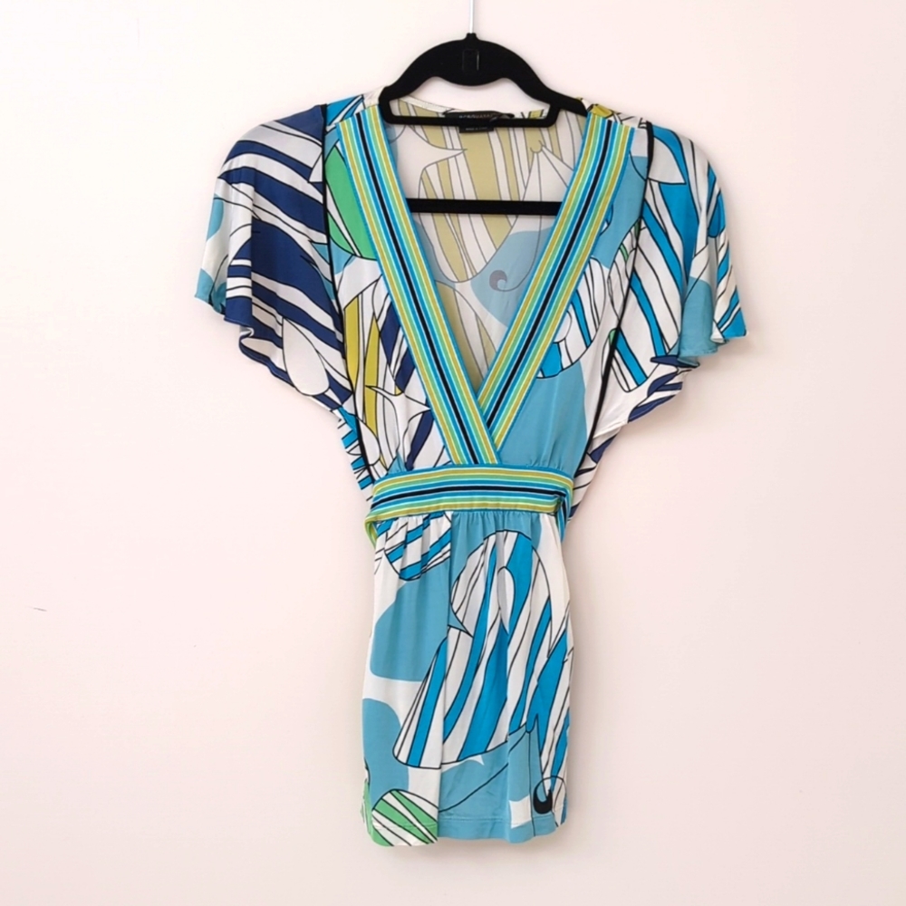 BCBG Max Azria flutter sleeve top; Size XS; Blue, white, green, yellow